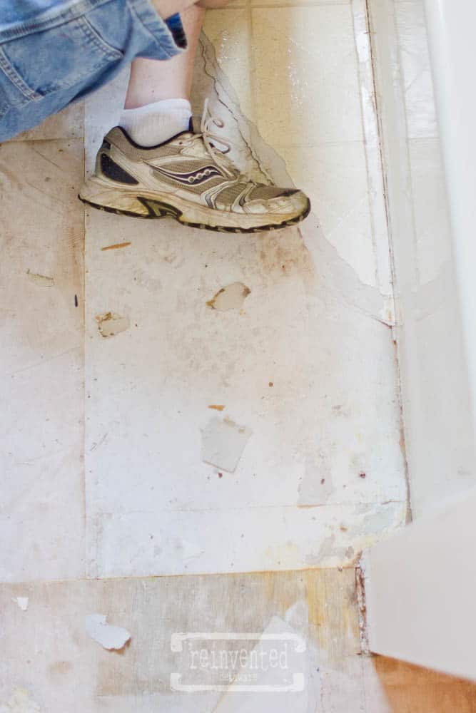 man removing laminate flooring to replace with luxury vinyl flooring