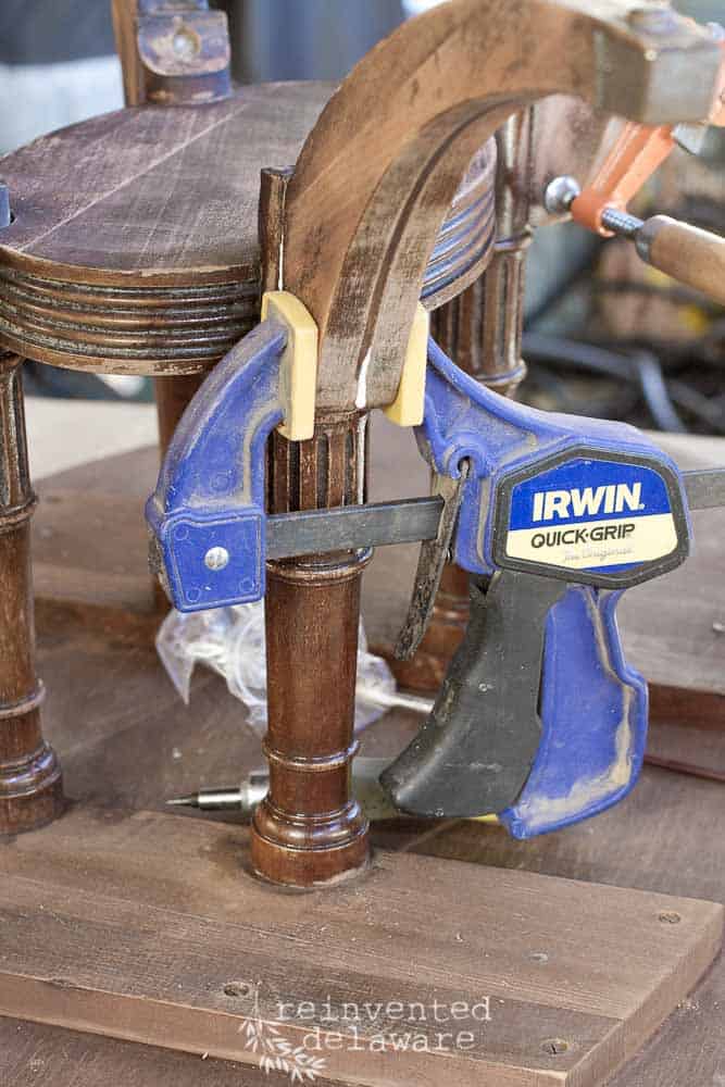 wood clamp on broken coffee table leg