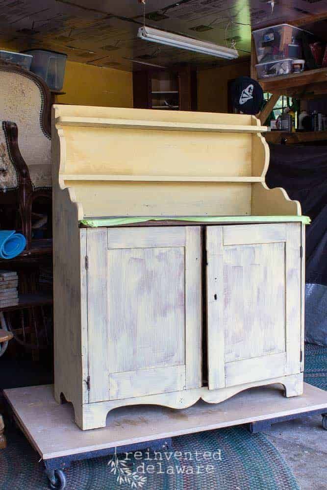 Antique pine cupboard painted Mustard Seed Yellow MMS Milk Paint first coat