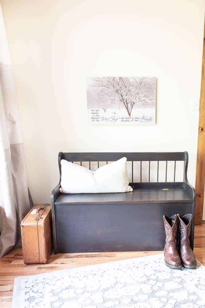solid oak bench painted in Miss Mustard Seed Milk Paint Typewriter with boots and vintage suitcase