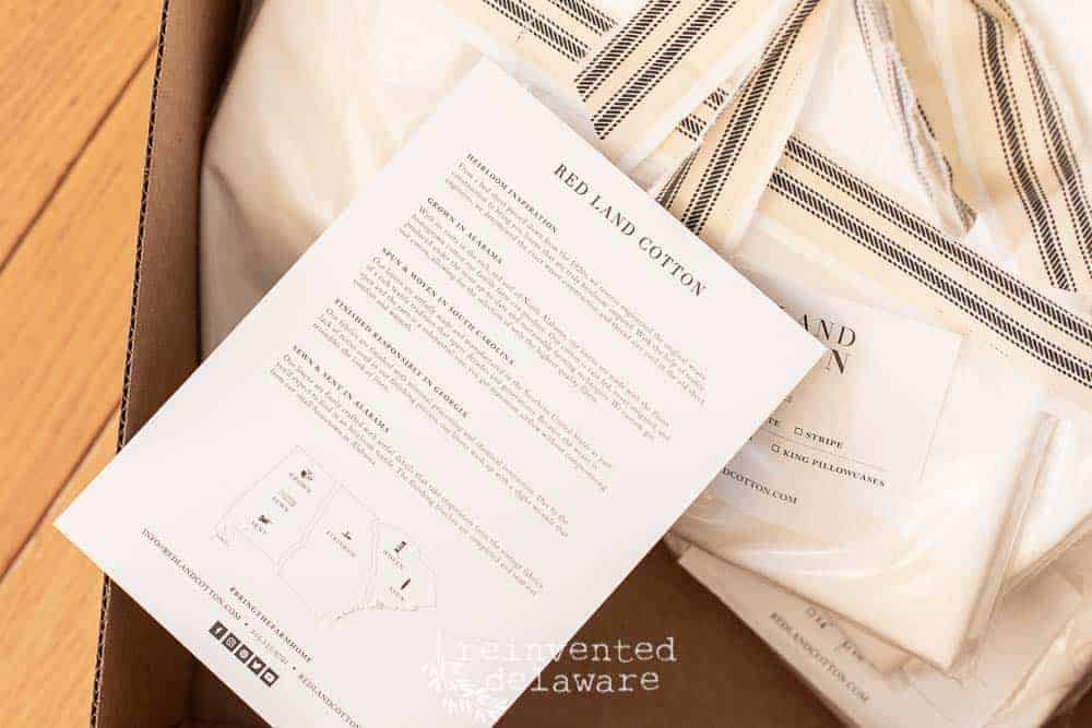delivery box of cotton sheets from Red Land Cotton and description literature