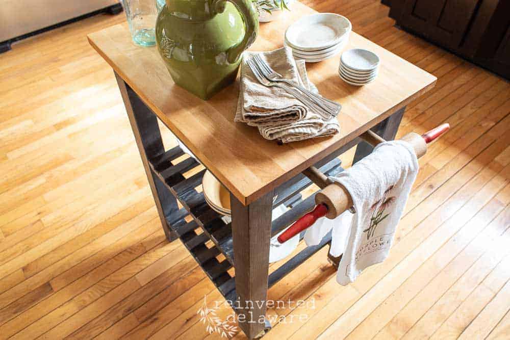 kitchen island makeover with rolling pin as towel holder painted in miss mustard seed milk paint typewriter