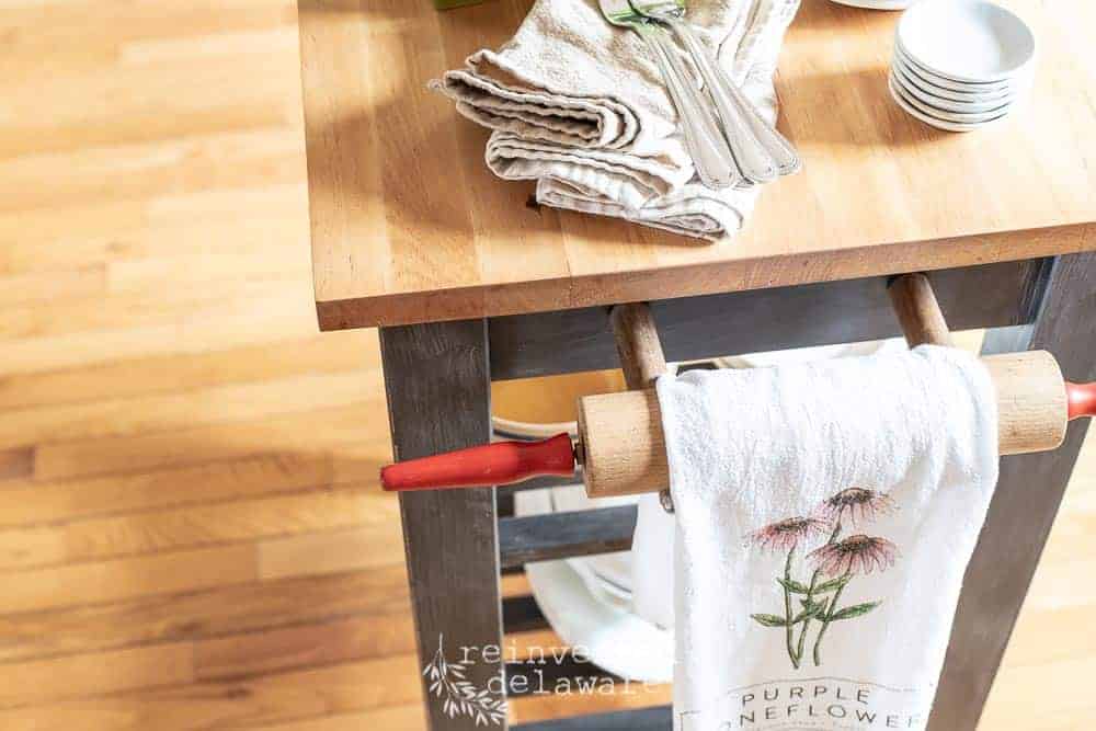 Small kitchen island makeover with butcher block top and rolling pin towel holder