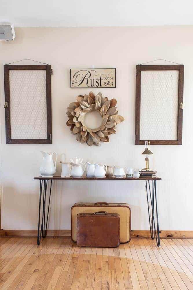 repurposed table using roll top desk and hairpin legs