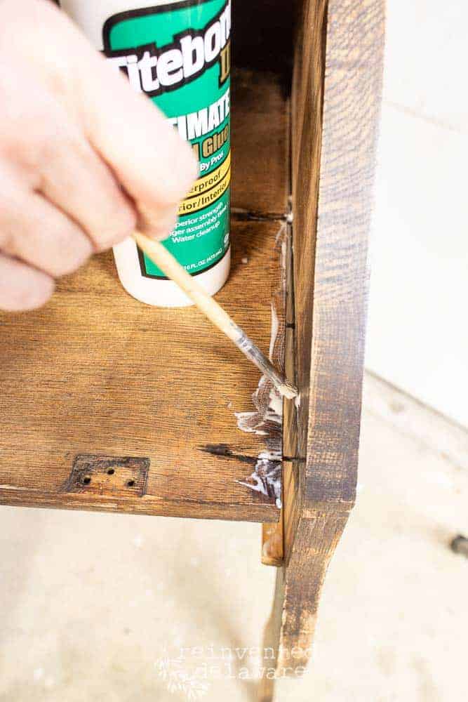 fold down secretary desk showing glue for repairing