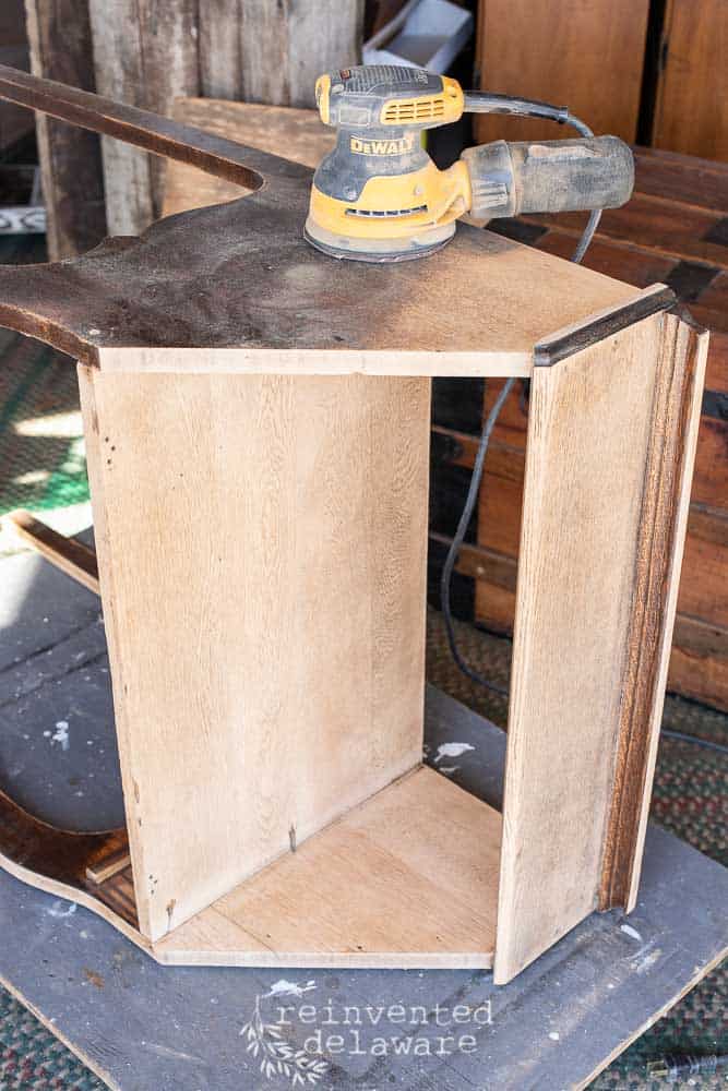 fold down secretary desk laying on it's side for sanding