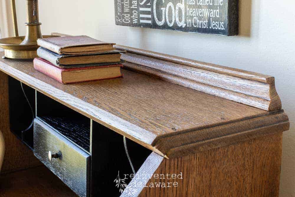 Graphic showing before and after of antique oak fold down desk
