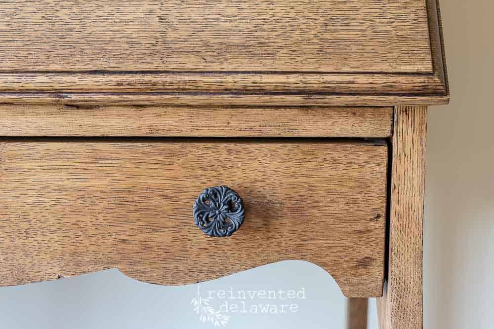 restored vintage hardware on antique oak fold down desk