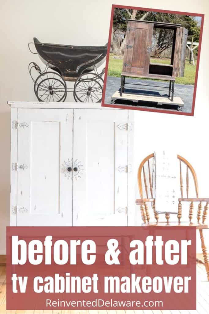 Pinterest Graphic with text overlay "Before and After Tv Cabinet Makeover ReinventedDelaware.com"
