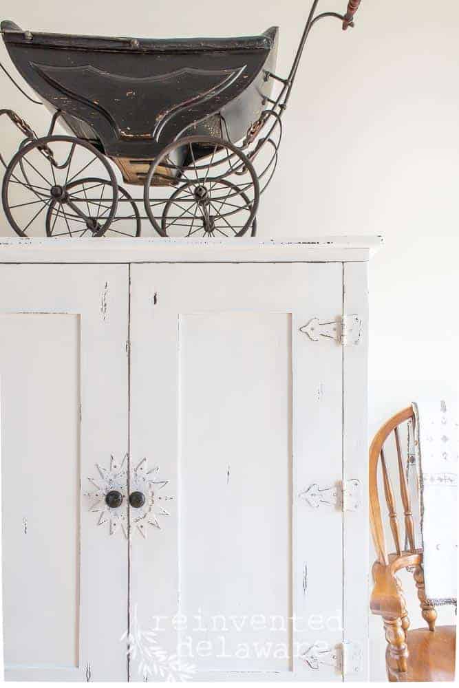 painted Pier One TV cabinet in Miss Mustard Seed Milk Paint Ironstone close up of hardware