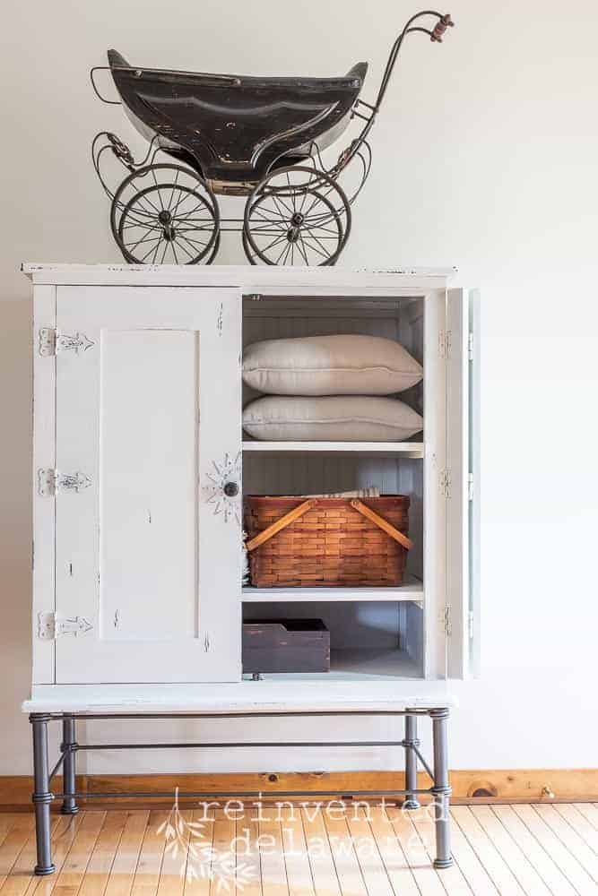 Repurposed Entertainment Center painted t in Miss Mustard Seed Milk Paint Ironstone with door open