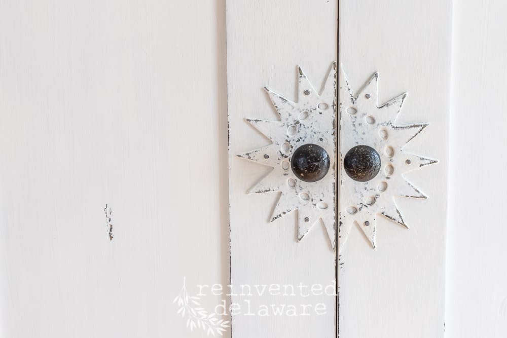 Repurposed Entertainment Center painted in Miss Mustard Seed Milk Paint Ironstone close up of door hardware