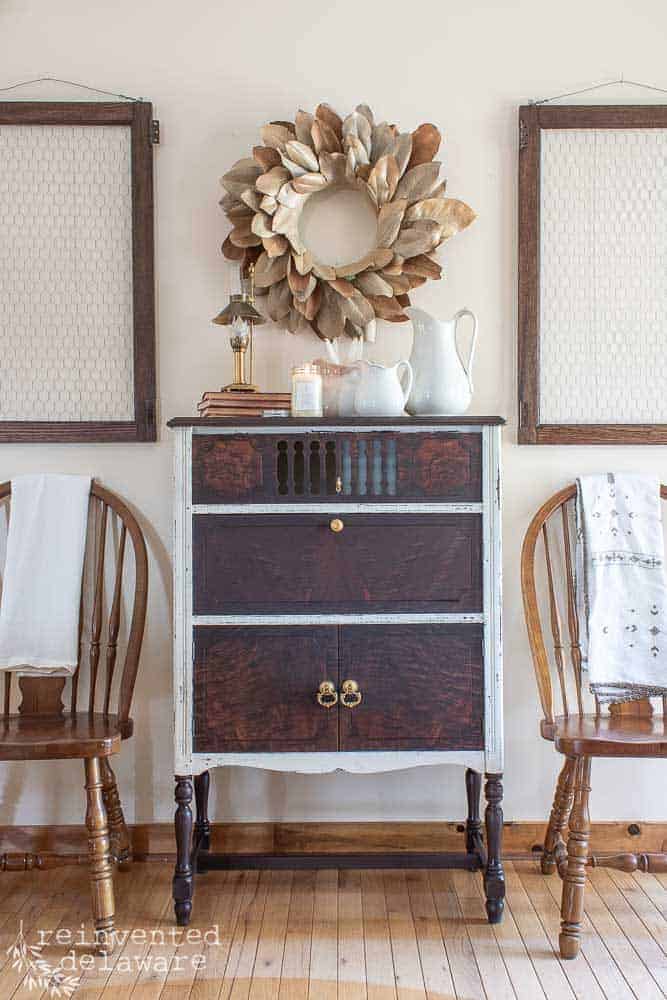 Last time we looked at this antique cabinet it had been prepped, sanded, painted, and sealed. Now it's time to see the furniture makeover before and after! #vintagefarmhouse #vintagehomedecor #paintedfurniturelove