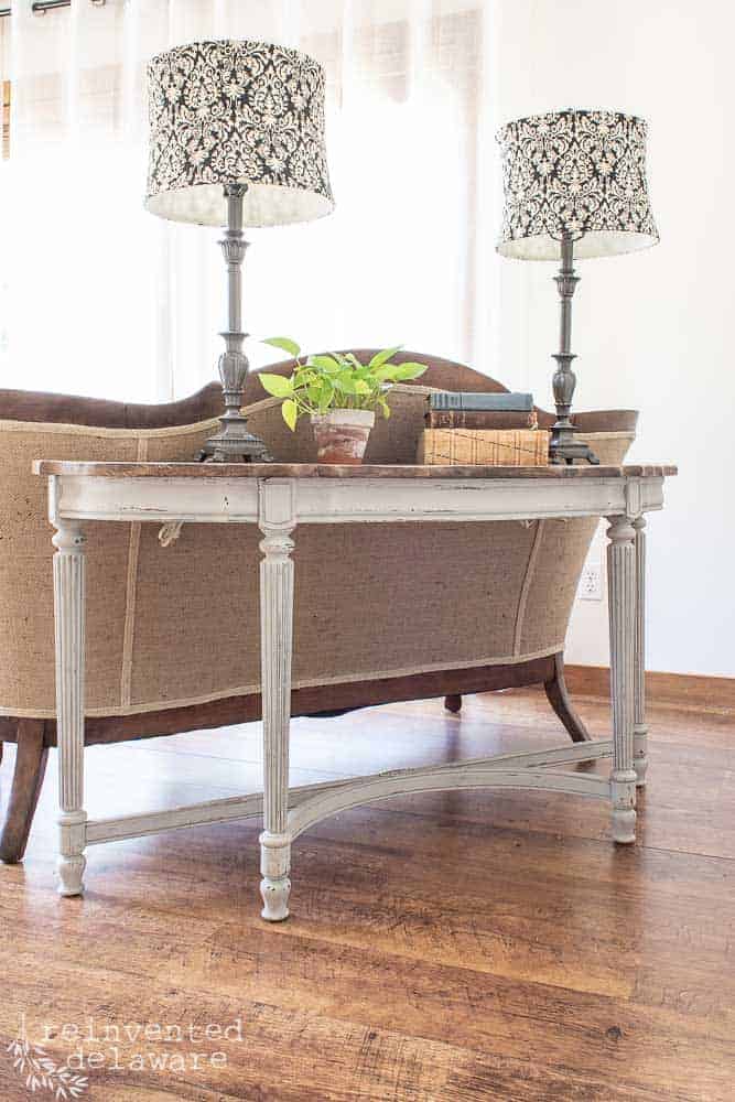 Remember the 1980's glass insert tables that were used as a sofa table?? Today, we will show you how a restyled sofa table was brought into today's farmhouse style that we all love! #refinishedfurniture #restyledfurniture #restyledfurniture