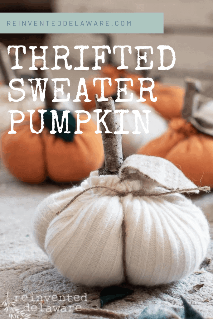 Pinterest graphic showing finishes thrifted sweater pumpkin