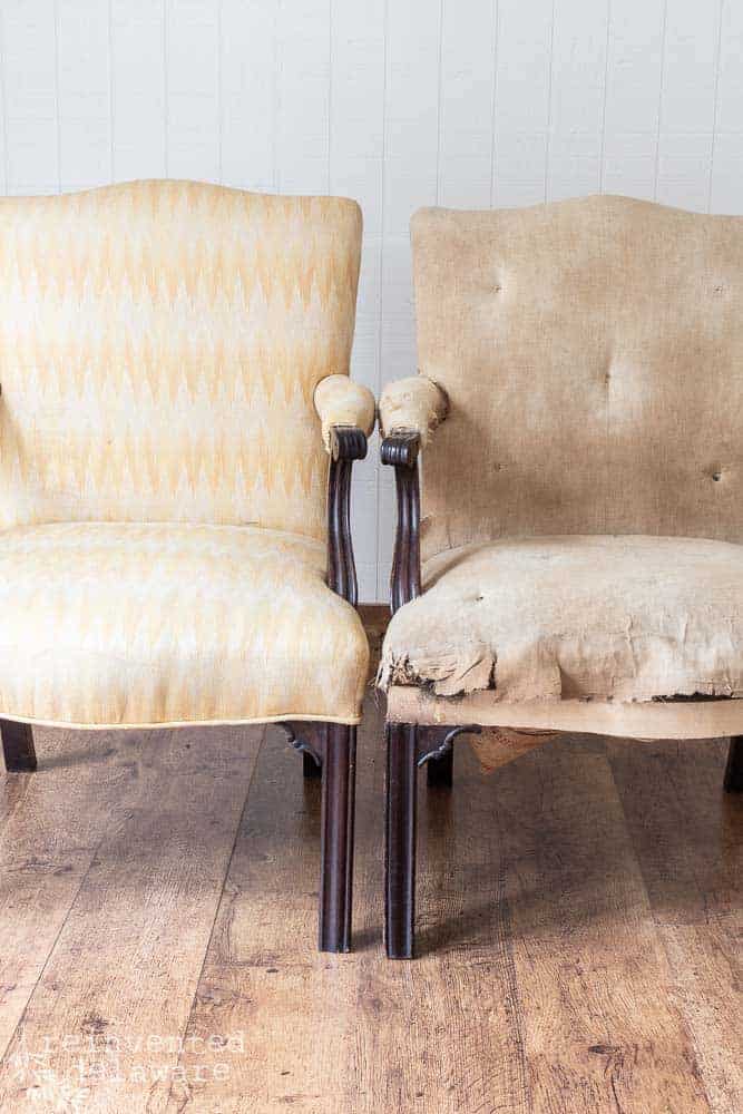 Remember the huge thrifting haul we had back in the summer? Well, today I want to share a pair of upholstered side chairs that we found there with you! #refinishedfurniture #upholsteredfurniture #furniturerestoration