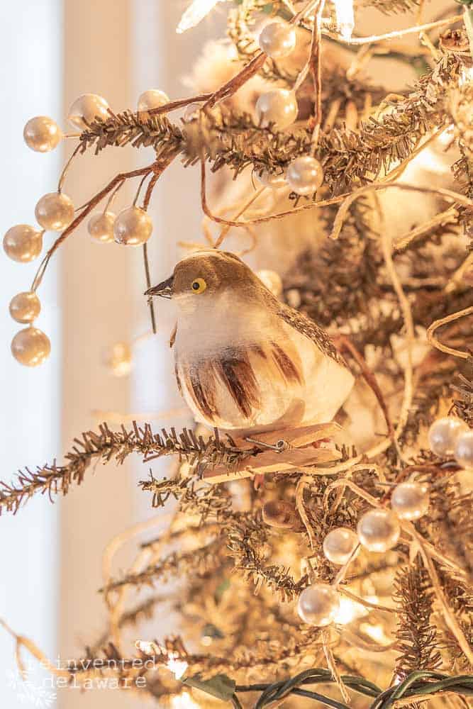 close up of feathered bird Christmas tree ornament