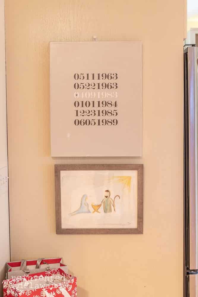 wall decor in kitchen showing nativity painting and birthdate canvas wall decor 
