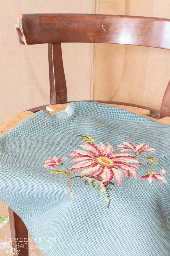 vintage vanity chair with needlepoint fabric removed from seat