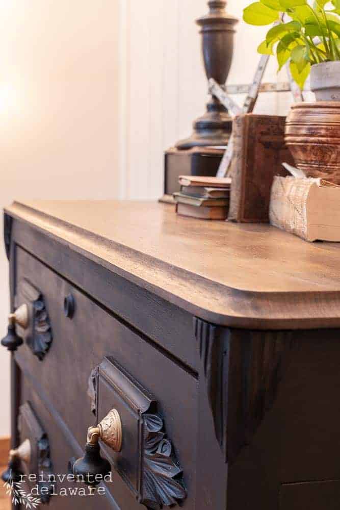 side view of top of restored antique gentlemen's dresser