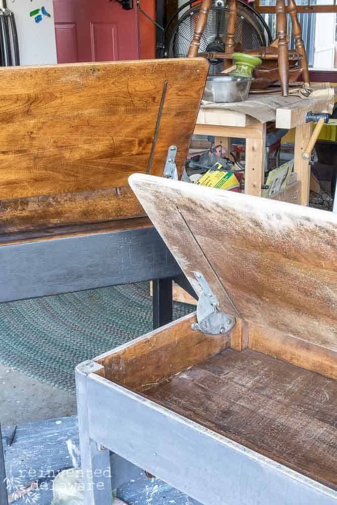 before and after using Restor-A-Finish scratch cover product on vintage school desks