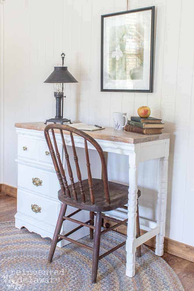 close up and side view of desk makeover ideas showing white Fusion Mineral Paint and staged with various desk items and an antique chair