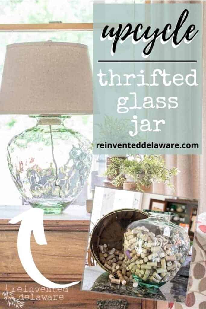 pinterest graphic showing before and after of thrifted glass jar upcycle