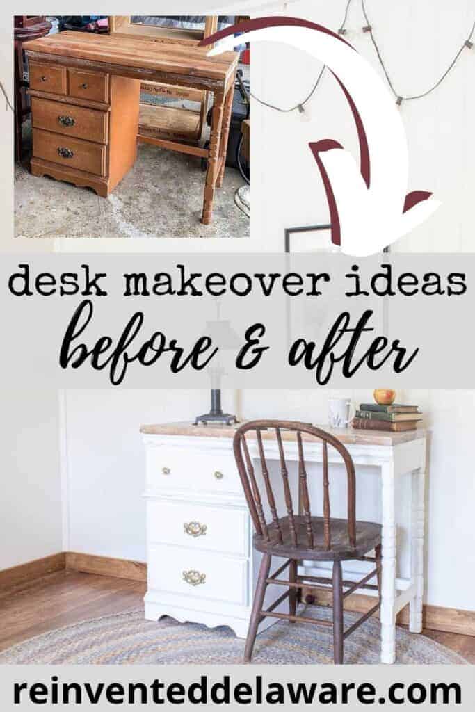 Pinterest graphic with before and after of desk makeover