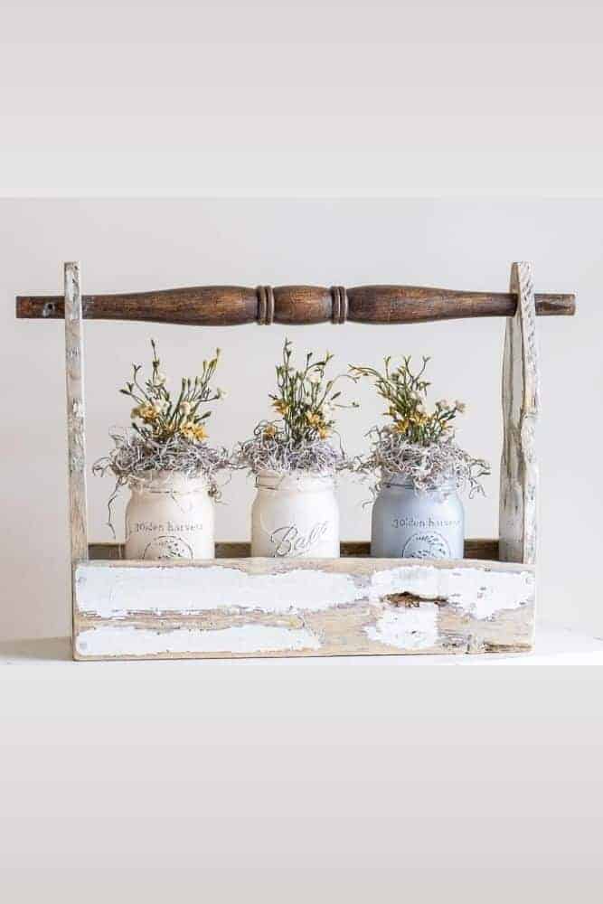 reclaimed fence picket crate with mason jars filled with florals