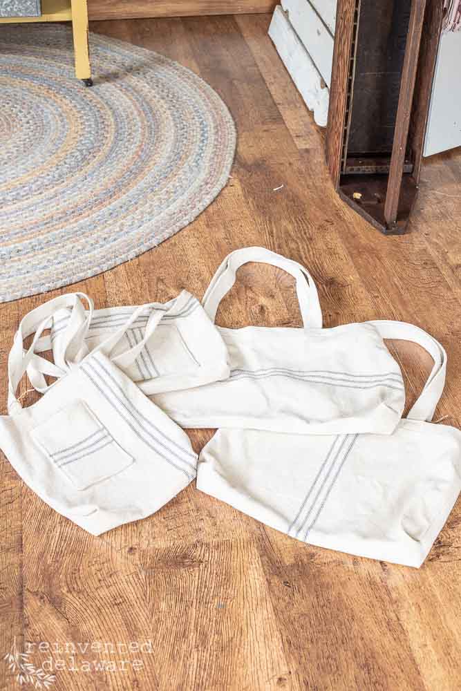 repurposed grainsack fabric made into tote bags with straps