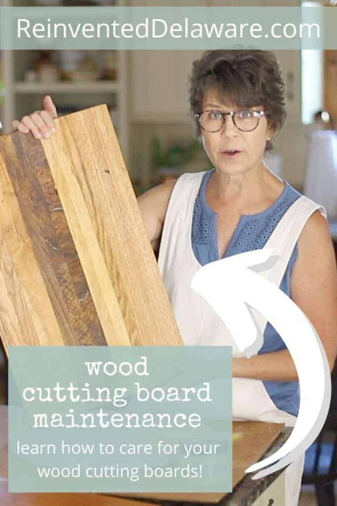 pinterest graphic showing worn our wood cutting board