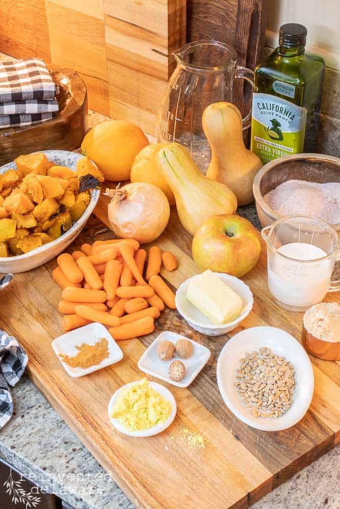 ingredients for butternut squash soup on cutting board
