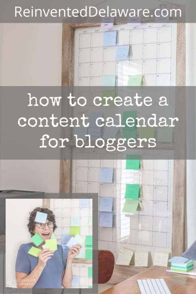 Pinterest graphic showing lady with Post it notes in foreground and vintage window content calendar in background