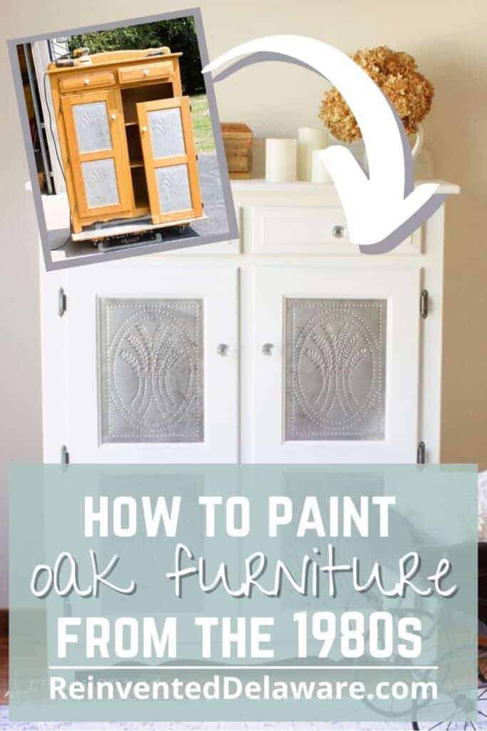 Pinterest graphic showing before and after of oak pie sage makeover