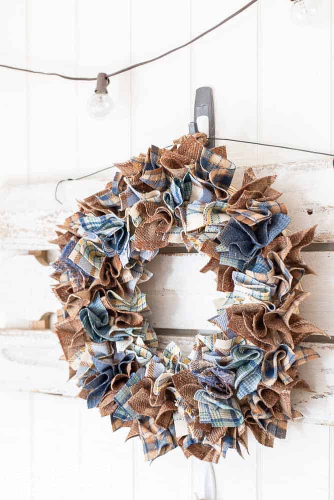 side view of handmade wool scrap wreath for fall