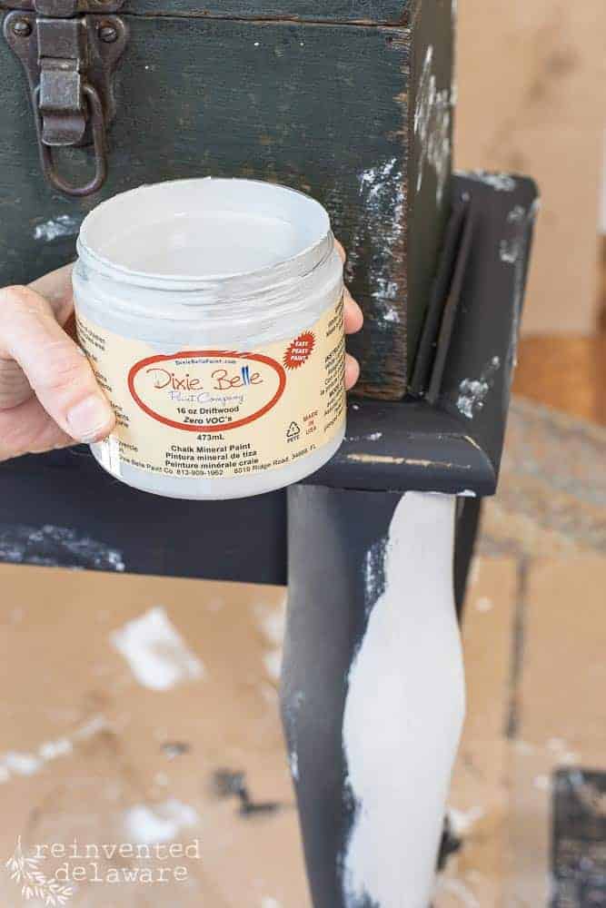 close up shot of Dixie Belle Chalk Mineral Paint in the color Driftwood