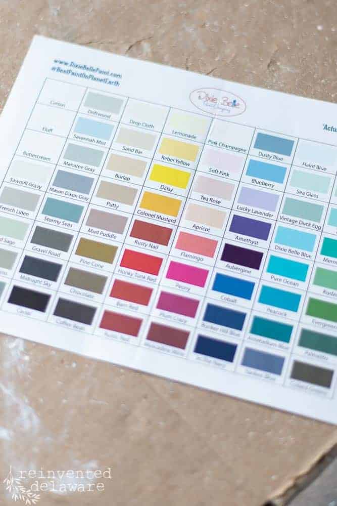 close up of color chart for Dixie Belle paint ideas