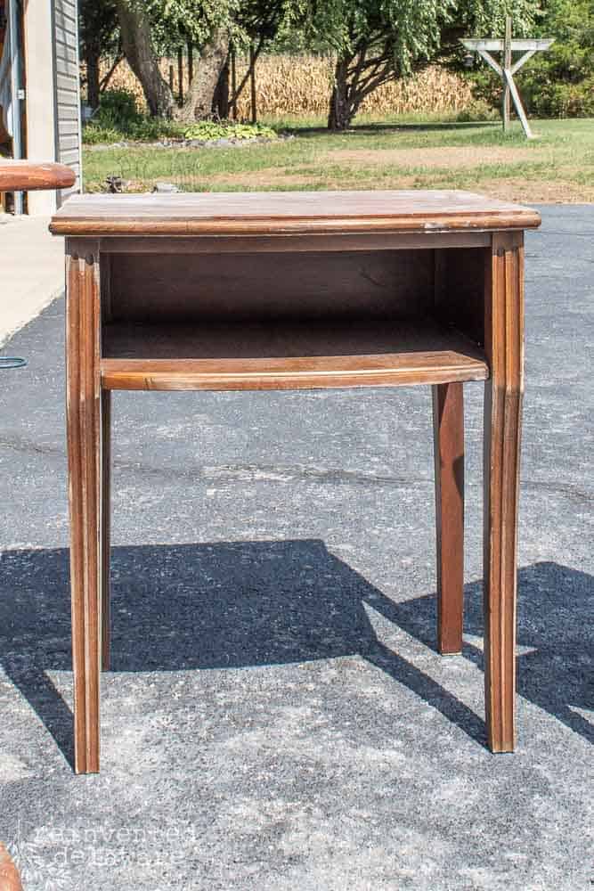 small table in brown stain before furniture makeover with Dixie Belle paint