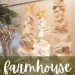 Pinterest graphic with text overlay "farmnouse Christmas trees ReinventedDelaware.com" with trees made from drop cloth in the background.