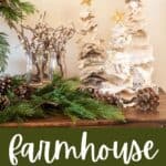 Pinterest graphic with text overlay "farmhoue Christmas trees ReinventedDelaware.com" with image of drop cloth Christmas trees in the background.