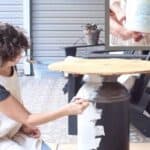 Graphic with text overlay "Step Two: paint two coats of Dixie Belle Silk paint" with image of lady painting a vintage milk can.