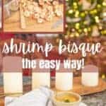 Pinterest graphic with text overlay "shrimp bisque the easy way ReinventedDelaware.com" showing a cup of the soup with a Christmas tree in the background.