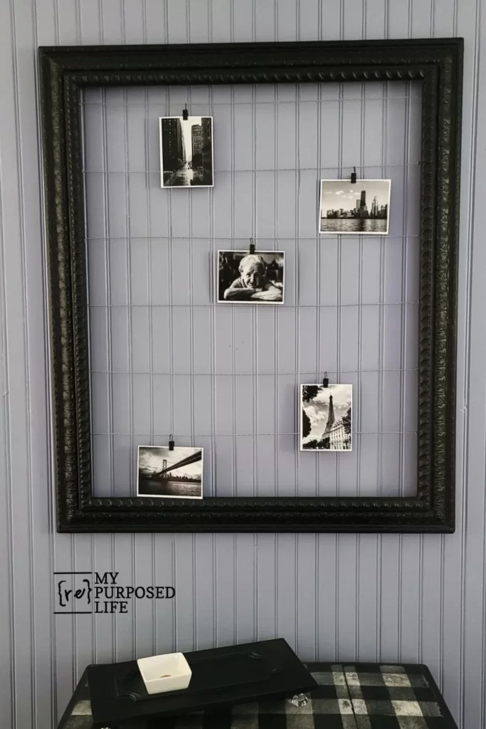 Repurposed picture frame with hardware cloth and printed photographs attached with clips.