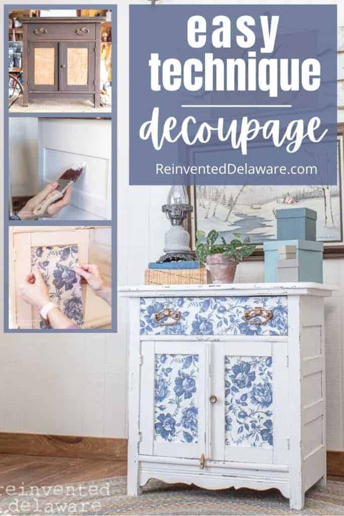 Pinterest Graphic with text overlay "easy technique decoupage ReinventedDelaware.com" with an image of the finished project and small images of the process.