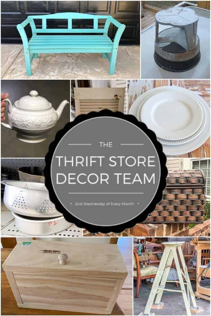 Pinterest graphic with text overlay "Thrift Store Decor Team" and various upcycled projects in the background.