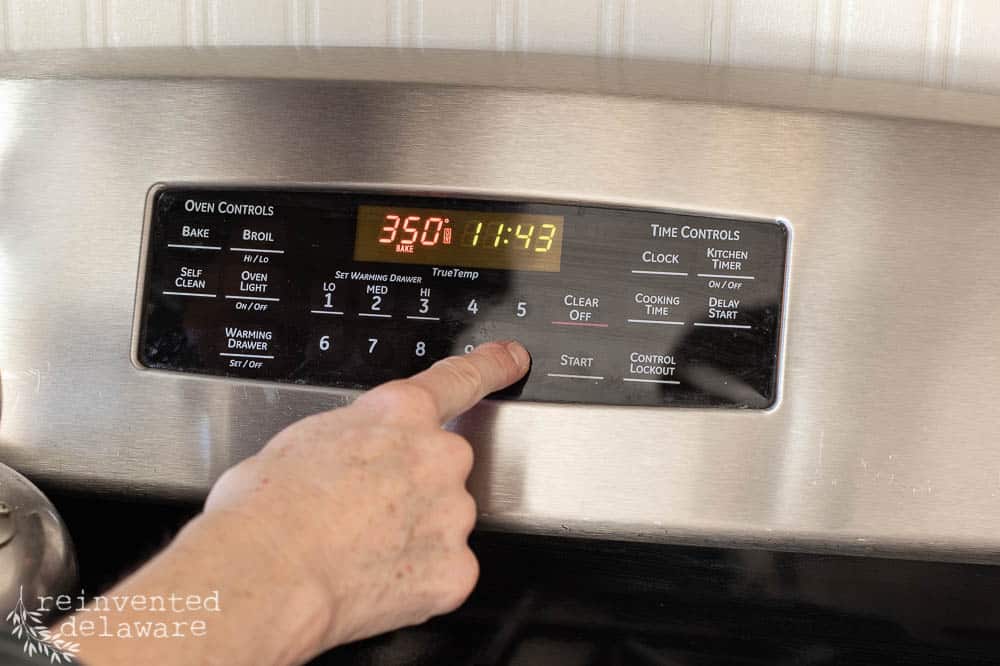 Lady setting the temperature on an oven.