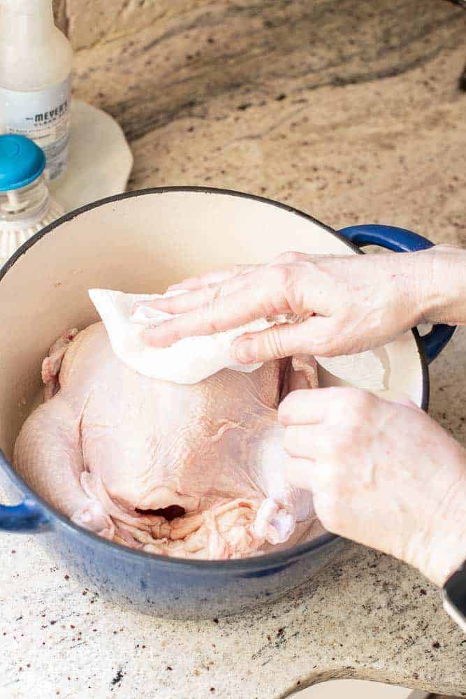Lady patting a raw chicken dry with a paper towel. in a blue enamel covered cast iron dutch oven.