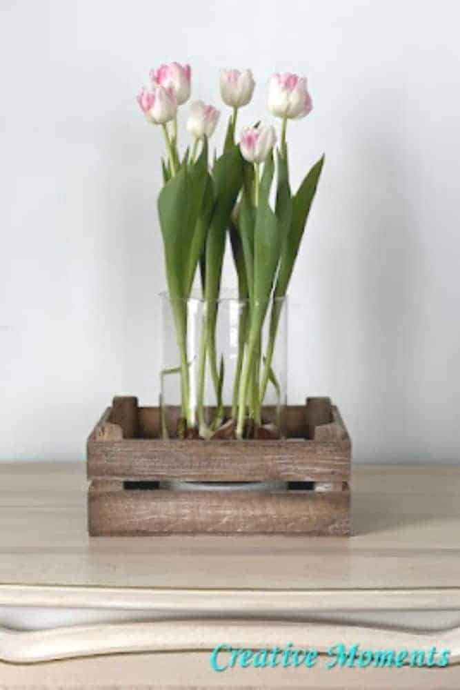 Faux Tulips in a handmade crate.