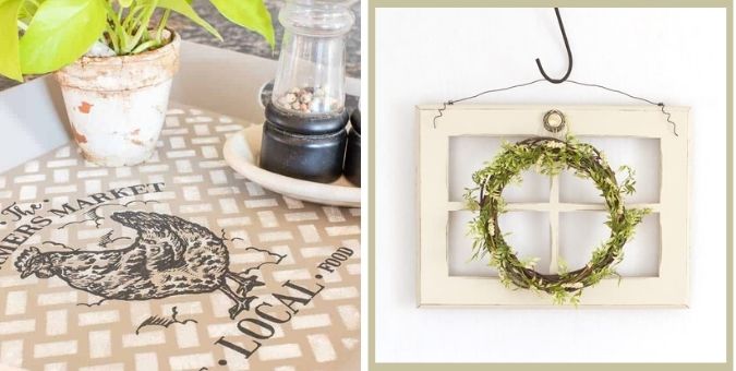 Collage of two images, one of a serving tray makeover and one of a handmade wreath.