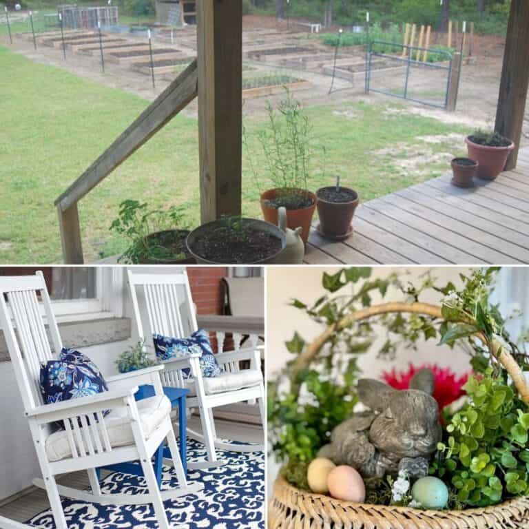 Collage of three images showing spring porch decorating ideas.